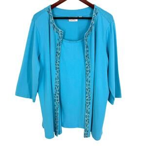 Quacker Factory Plus Size 2X Blue Gemstone Sparkly Wearable Art Blouse Shirt Top